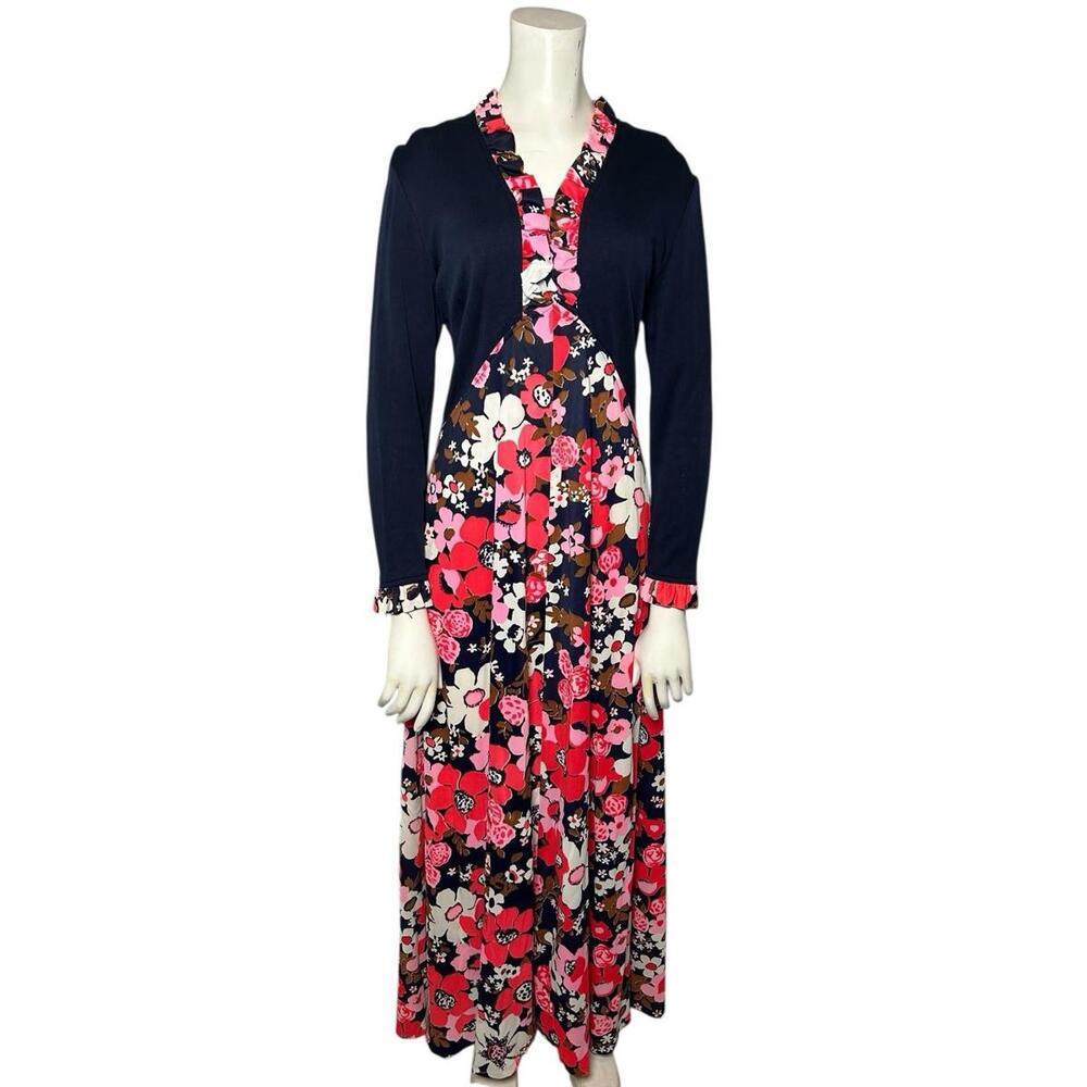 Vintage 1970s Floral Maxi Dress Long Sleeve Zip Back Women’s Medium